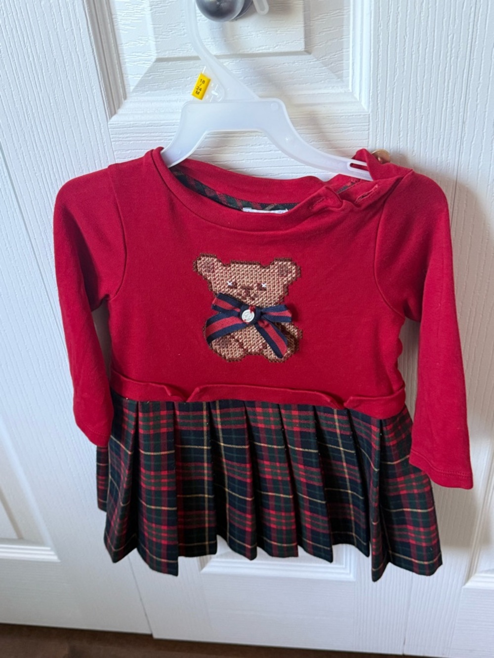 Girls' Red Knit Teddy Dress with Plaid Pleated Skirt